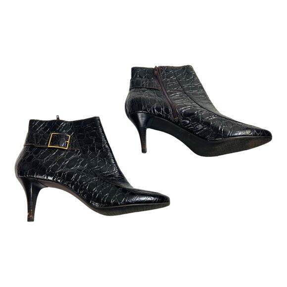 4089 TALBOTS Booties Womens 9.5B Dark Brown Croc Embossed Leather Ankle Chiccore - Picture 2 of 8